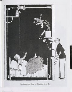 Gyógyszeradag beadása egy fiúnak, illusztráció a "Találmányok"-ból alkotó: William Heath Robinson