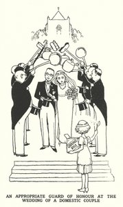 Megfelelő díszőrség egy hazai házaspár esküvőjén (litho) alkotó: William Heath Robinson