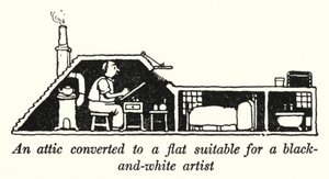 Fekete-fehér művésznek alkalmas lakássá alakított tetőtér (litho) alkotó: William Heath Robinson