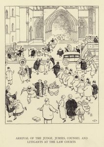 A bíró, az esküdtszékek, a jogtanácsosok és a peres felek megérkezése a bíróságokhoz alkotó: William Heath Robinson