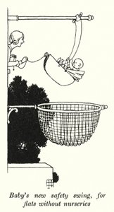 Baba új biztonsági hinta, bölcsőde nélküli lakásokhoz (litho) alkotó: William Heath Robinson