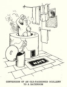 Régimódi mosogatógép átalakítása fürdőszobássá (litho) alkotó: William Heath Robinson