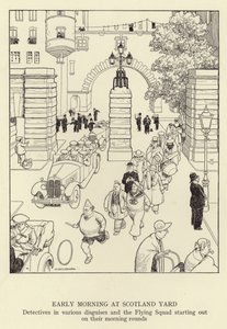 Kora reggel a Scotland Yardon, különféle álruhás nyomozók és a Flying Squad indul a reggeli körökben alkotó: William Heath Robinson