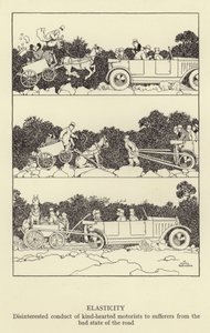 A jószívű autósok rugalmassága, önzetlen magatartása a rossz útviszonyok elszenvedőivel szemben alkotó: William Heath Robinson
