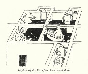 A közösségi fürdő használatának ismertetése (litho) alkotó: William Heath Robinson