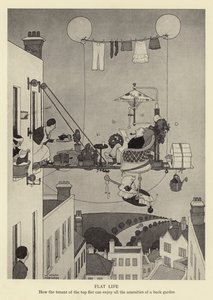 Lakásélet, hogyan élvezheti a legfelső lakás bérlője a hátsó kert minden kényelmét alkotó: William Heath Robinson