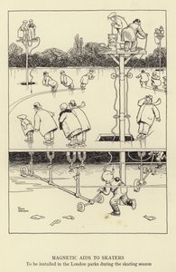 Mágneses segédeszközök a korcsolyázók számára, a londoni parkokban a korcsolyázási szezonban telepítendők alkotó: William Heath Robinson