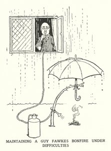 Guy Fawkes máglya fenntartása nehézségek között (litho) alkotó: William Heath Robinson