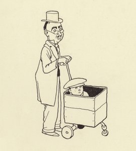 Férfi nyomja fiú egy dobozban alkotó: William Heath Robinson