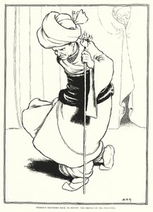 Mesrour sietett vissza, hogy beszámoljon vizsgálata eredményéről (metszet) alkotó: William Heath Robinson