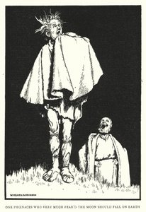 Egy Phoenaces, aki nagyon félt a Holdtól, a földre zuhanjon (litho) alkotó: William Heath Robinson