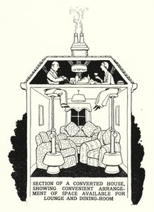 Egy átalakított ház része, kényelmesen elrendezett társalgó és étkező (litho) alkotó: William Heath Robinson