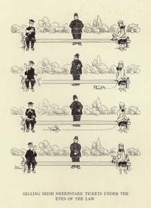 Ír nyereményjáték-jegyek árusítása a törvények előtt alkotó: William Heath Robinson