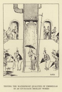 Az esernyők vízálló tulajdonságainak tesztelése egy korszerű Brolley Worksben alkotó: William Heath Robinson