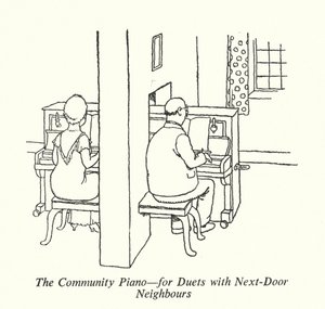 A közösségi zongora, duettekre a szomszédokkal (litho) alkotó: William Heath Robinson
