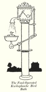 A tyúk által működtetett Kwiksplasche madárfürdő (litho) alkotó: William Heath Robinson