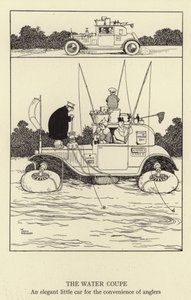 A Water Coupe, elegáns kisautó a horgászok kényelmét szolgálja alkotó: William Heath Robinson