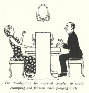 Duplazongora házaspároknak, hogy elkerülje a görcsöket és a súrlódást duettjáték közben (litho) alkotó: William Heath Robinson