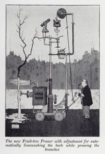 Az új Gyümölcsfa metsző állítással a kéreg automatikus mészmosásához az ágak metszése közben (litho) alkotó: William Heath Robinson