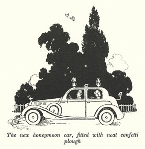 Az új nászutas autó, szép konfetti ekével (litho) alkotó: William Heath Robinson