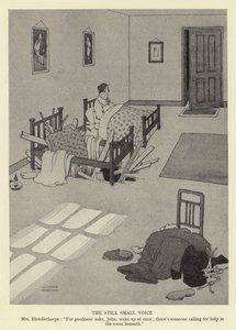 A halk, halk hang, Mrs Blendlethorpe, az isten szerelmére, John, azonnal ébredj fel; van valaki, aki segítséget kiált a lenti szobában alkotó: William Heath Robinson