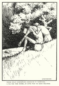 Míg a vidám társak együtt hordják, füge a viharnak, átadja helyét a jó időnek (litho) alkotó: William Heath Robinson