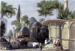 Chahzade szökőkútja és mecsetje, vésette Roberts Sands (1792-1855) 1850 körül (akvatinta)