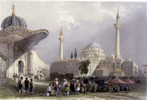 Bajazet mecset a Seraskier-kapuval, Isztambul, H. Griffiths metszete, 1850 körül (akvatinta)
