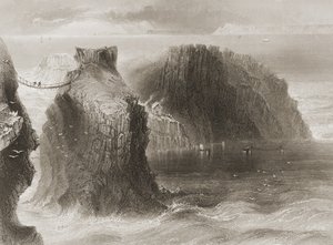 Carrick-a-Rede kötélhíd, Antrim megye, Észak-Írország, George Virtue „Scenery and Antiquities of Ireland” című művéből, 1860-as évek alkotó: William Henry Bartlett