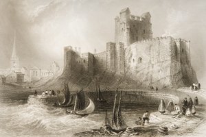 Carrickfergus kastély, Antrim megye, Észak-Írország, George Virtue „Scenery and Antiquities of Ireland” című művéből, 1860-as évek alkotó: William Henry Bartlett