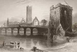 Clare Abbey, Clare megye, Írország, George Virtue „Scenery and Antiquities of Ireland” című művéből, 1860-as évek alkotó: William Henry Bartlett