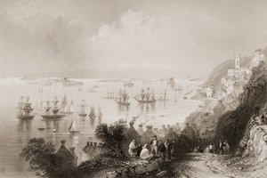 Cobh Harbour, Cork, Írország, George Virtue „Scenery and Antiquities of Ireland” című művéből, 1860-as évek alkotó: William Henry Bartlett