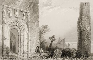 Ajtó a templomhoz, Clonmacnois, Offaly megye, Írország, George Virtue „Scenery and Antiquities of Ireland” című művéből, 1860-as évek alkotó: William Henry Bartlett