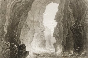 Dunkerry-barlang, Antrim megye, Észak-Írország, George Virtue „Scenery and Antiquities of Ireland” című művéből, 1860-as évek alkotó: William Henry Bartlett