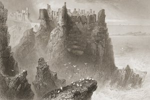 Dunluce Castle, Antrim megye, Észak-Írország, George Virtue "Scenery and Antiquities of Ireland" című művéből, 1860-as évek alkotó: William Henry Bartlett