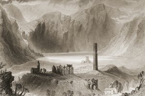 Glendalough, Wicklow megye, Írország, George Virtue „Scenery and Antiquities of Ireland” című művéből, 1860-as évek alkotó: William Henry Bartlett