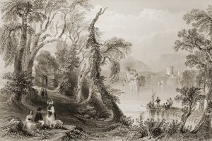 Innisfallen, Killarney Lake, Killarney megye, George Virtue „Scenery and Antiquities of Ireland” című művéből, 1860-as évek alkotó: William Henry Bartlett