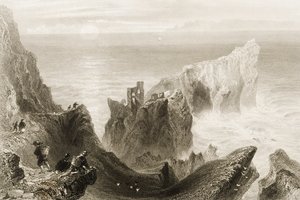 Kenbaan kastély, Ballycastle közelében, Antrim megye, Észak-Írország, George Virtue „Scenery and Antiquities of Ireland” című művéből, 1860-as évek alkotó: William Henry Bartlett