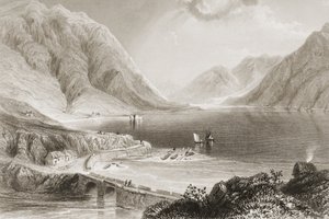 Leenane, Connemara, Galway megye, Írország, George Virtue „Scenery and Antiquities of Ireland” című művéből, 1860-as évek alkotó: William Henry Bartlett