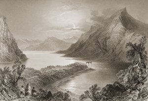 Lough Inagh, Connemara, Galway megye, George Virtue „Scenery and Antiquities of Ireland” című művéből, 1860-as évek alkotó: William Henry Bartlett