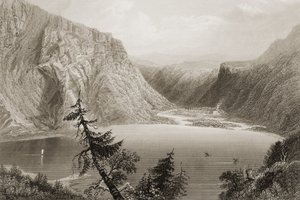 Luggela Lake, Wicklow megye, George Virtue „Scenery and Antiquities of Ireland” című művéből, 1860-as évek alkotó: William Henry Bartlett