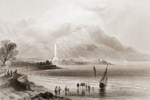 Ross tábornok emlékműve Rosstrevorban, Down megyében, Észak-Írországban, a „Scenery and Antiquities of Ireland” című művéből, George Virtue, 1860-as évek (metszet) alkotó: William Henry Bartlett