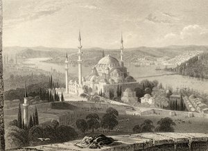 Mecset és Szulejmán sírja, a Seraskier-toronyból, Isztambul, Törökország, metszett H. Adlard