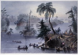 Jelenet az ezer sziget között: tábor és csónakok, Mille îles – Bartlett W. H. által illusztrált „” kanadai tájban. alkotó: William Henry Bartlett