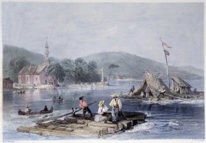 Telepes tutajok és faszállítás a két hegy taván – Bartlett W. H. „” kanadai tájképben. alkotó: William Henry Bartlett