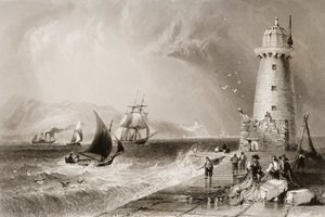 South Wall világítótorony Howth Hillnel a távolban, Dublin, a „Scenery and Antiquities of Ireland”, George Virtue, 1860-as évek alkotó: William Henry Bartlett