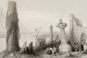 Az ókori kereszt és a kerek torony Clonmacnoisban, Offaly megyében, Írországban, a „Scenery and Antiquities of Ireland” című könyvből (lásd: 131074) alkotó: William Henry Bartlett