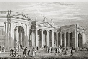 A Bank of Ireland, Dublin, 1729-ben épült, George Virtue „Scenery and Antiquities of Ireland” című művéből, 1860-as évek alkotó: William Henry Bartlett