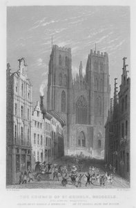 A Szent Gudule-templom, Brüsszel, A karneváli maskara (metszet) alkotó: William Henry Bartlett