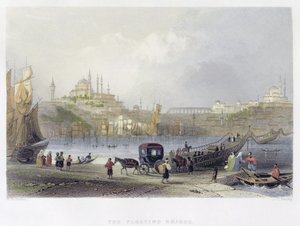 Az úszó híd, Isztambul, J.C. Bentley metszete, 1850 körül (aquatinta) alkotó: William Henry Bartlett